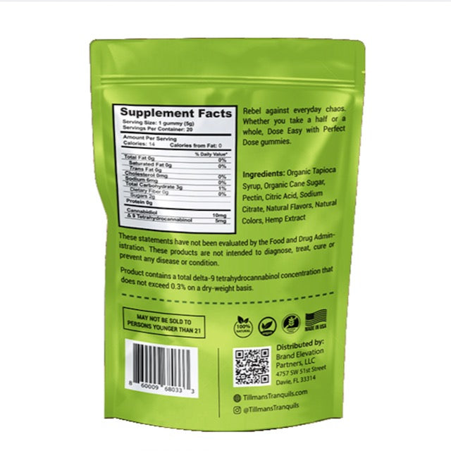 Tillmans Tranquils Perfect Dose Gummies 10mg CBD 5mg THC Green Apple